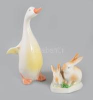 Hollóházi nyúlpár és liba figurák, jelzett, m: 18 cm alatt