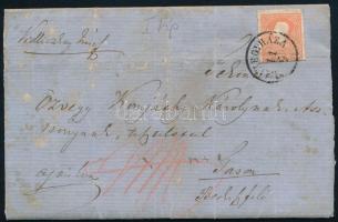 1859 5kr + hátoldalon kettétépett 10kr levélen "NYIREGYHÁZA"