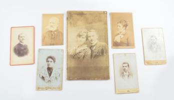 27 db vegyes keményhátú fotó (vizitkártya, kabinetfotó), különféle magyar és külföldi műtermekből, v...