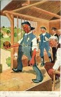 1905 Bowling humour. B.K.W.I. 925-4. s: Schönpflug + "BÉCS - BUDAPEST 117. SZ." vasúti moz...