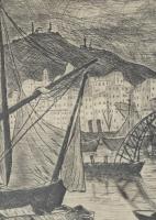 Dési Huber István (1895 - 1944): Genovai kikötő. Rézkarc, papír, jelzett. 18x20 cm. Üvegezett fakere...