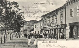 Zólyom main square with City Hotel, the shops of Manó Elsasz, Pál Henzel and a Coffin warehouse