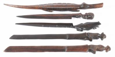 5 db ébenfa, levélélnyitó, figurális afrikai faragások. 30-32 cm