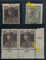 Kolozsvár 1919 Károly 20f + 20f ívsarki pár + Zita 40f lemezhibákkal, Bodor vizsgálójellel