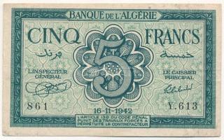 Algéria / Szövetséges megszállás 1942. 5Fr "Y. 613 861" T:F 
Algeria / Allied occupation ...