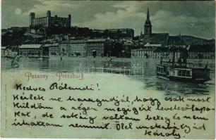 1897 Pozsony, Pressburg, Bratislava; látkép este holdfényben, vár, rakpart, gőzhajó. Römmler &am...