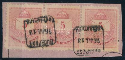 1874 Színesszámú 5kr 3-as csík kivágáson "BUDAPEST / FŐPOSTA P.U." szögletes bélyegzéssel