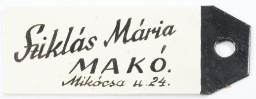 Régi kerékpár névtábla, Sziklás Mária, Makó, festett fém, 5,5x12,5 cm