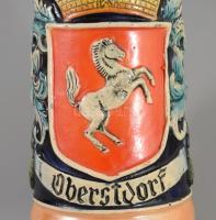 Oberstdorf címerével gazdagon díszített söröskorsó, jelzett, hibátlan, m: 23,5 cm