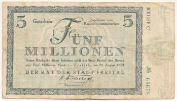 Német Birodalom 1923. Weimari Köztársaság / Freital 5.000.000M T:VG lyuk
German Empire / Weimar Rep...