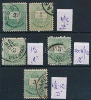 1881 5 db Színesszámú 3kr 11 1/2 + 13 + 13 : 11 1/2 + 11 1/2 : 13 fogazásokkal (61.000)