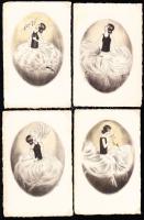 4 db jelzés nélküli olasz színezett rézkarc-művészlap / 4 not signed engraving postcards