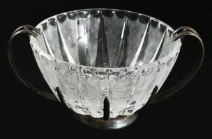 Ezüstözött szerelékes dzsemkínáló, üveg betéttel, d: 13 cm, m: 8 cm