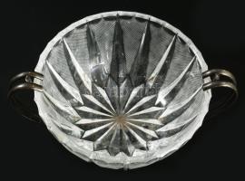 Ezüstözött szerelékes dzsemkínáló, üveg betéttel, d: 13 cm, m: 8 cm