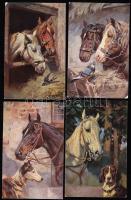 4 db W. Velten jelzésű lovas művészlap / 4 W. Velten artist signed, horse postcards