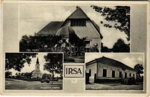 1938 Irsa (Albertirsa), Evangélikus templom, automobil, községháza, Irsay kastély. Halász Emilné kia...