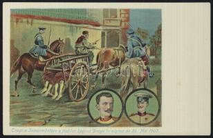 1903 Sándor szerb király és felesége meggyilkolásának története 9 darabos, román kiadású litho sorozat / Assasination of the Serbian king Alexander and his wife, the story on a set of 9 litho postcards. Romanian language.