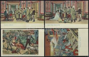 1903 Sándor szerb király és felesége meggyilkolásának története 9 darabos, román kiadású litho soroz...