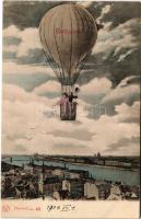 1904 Budapest I. Tabán. Montázs hőlégballonon repülő szerelmespárral