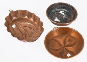 3 darab antik vörösréz sütőforma, 19x14 cm alatt