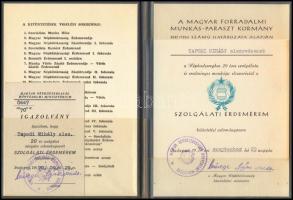1970 "Szolgálati Érdemérem" kitüntetés adományozó oklevele, hozzá tartozó viselési igazolv...