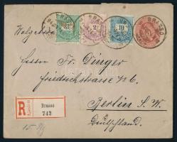 1891Színes számú 2kr + 3kr + 10kr 5kr díjjegyes borítékon ajánlott levélként Brassóból Berlinbe. Érd...