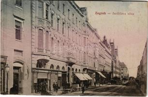 1913 Zagreb, Zágráb; Jurisiceva ulica / utca, villamos, üzletek / street view, tram, shops (fl)