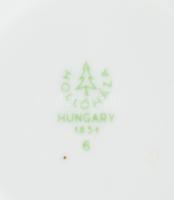 Hollóházi narancssárga vintage 6 darab mokkás csésze alátéttel, jelzett, egyik aljon repedéssel, d: ...
