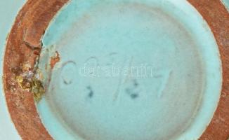 Türkiz mázas kisváza, számozott, alján kis kopással, m: 9 cm