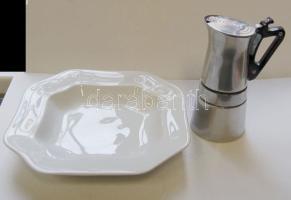XX. századi kotyogós kávéfőző 16 cm magas és egy pecséttel jelzett négyszögletes porcelán tál 23x23 cm