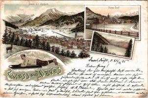 1895 (Vorläufer!!) Davos, Davos-Dorf, Davoser-See, Davos mit Seehorn / winter montage with village a...