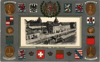 Bettembourg, La gare (perron). Artist. Atelier H. Guggenheim &amp; Co. / railway station, locomo...
