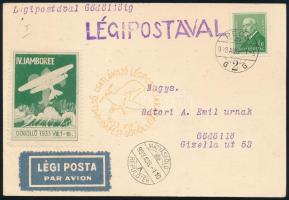 1933 Légi levelezőlap Pécsről a gödöllői jamboree-ra sárga csatlakozó légijárati bélyegzéssel és zöl...