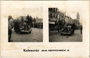 1940 Kolozsvár, Cluj; bevonulás, katonák virágokkal díszített automobilon / entry of the Hungarian t...