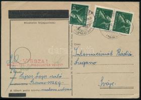 1946 Levelezőlap hadifogoly keresés ügyben 60f bérmentesítéssel Szamosszegről a Luganoi Rádióhoz, &q...