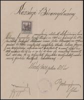 1921 Mád, községi bizonyítvány katonai szolgálat teljesítésének igazolásáról, 5K okmánybélyeggel