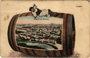 1915 Plzen, Pilsen; Bürgerliches Bräuhaus / brewery, beer factory. Montage with lady on a beer keg (...