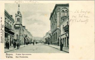 Varna, Warna; Rue Preslavska / street view, hotel, Catholic church. Edition Veltcheff (fl)