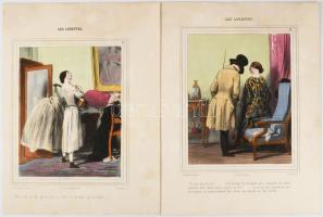 Paul Gavarni (1804-1866), francia grafikus. Les Lorettes. 4 db Litográfia, papír, kézzel színezett. ...