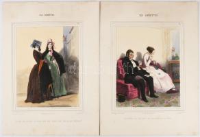 Paul Gavarni (1804-1866), francia grafikus. Les Lorettes. 4 db Litográfia, papír, kézzel színezett. ...