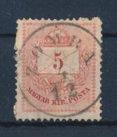 1874 5kr luxus "ZOMBA" bélyegzéssel + festékfoltok a Posta szónál