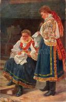 1916 Pöstyén-fürdő, Kúpele Piestany; Hímző nők, népviselet. 16. Pr. 4. sz. / Volkstracht in Bad Pöst...