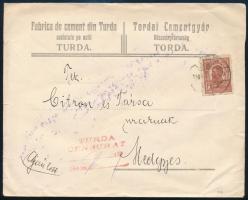 1920 Ajánlott céges levél Medgyesre küldve, tordai román cenzúrával