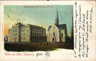 1902 Sumperk, Mährisch Schönberg; Gymnasium mit evang. Kirche / grammar school, Lutheran church (tea...