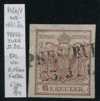 1850 6kr HP I világos vöröses barna, ívszéli nyomat, vízjeles, papírránc, 0,07 mm selyempapír "...