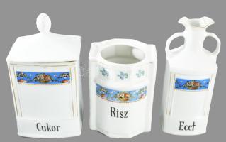 8 darabos antik fűszertartó garnitúra, sérüléssel, hiánnyal, közte jelzett, m: 21,5 cm alatt