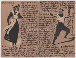 2 db RÉGI dombornyomott művészlap: vívás, korcsolyázó hölgy / 2 pre-1945 Embossed art postcards: fen...