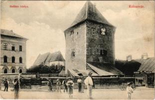 Kolozsvár, Cluj; Bethlen bástya, Bodnár Gáspár üzlete. Schuster Emil kiadása / tower, shop (gyűrődés...