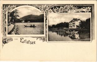 Erlaufsee, Erlafsee; Hotel Herrenhaus, rowing boats. Joh. Czerny Hotelbesitzer. Art Nouveau, floral ...