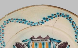 Tányér. 1780-1820 körül, Felső-Magyarország, jelzés nélkül, repedéssel, d: 28 cm /// Plate. Circa 17...